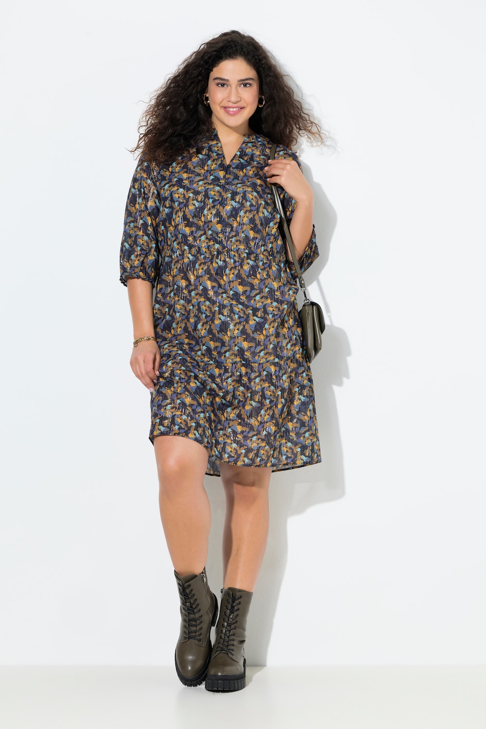 Kleid, Metallic-Linien, A-Linie, V-Ausschnitt, 3/4-Arm