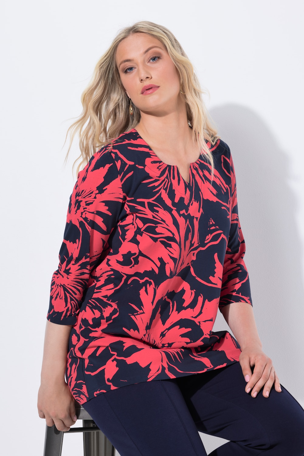 Shirt, Blüten, A-Linie, V-Ausschnitt, 3/4-Arm