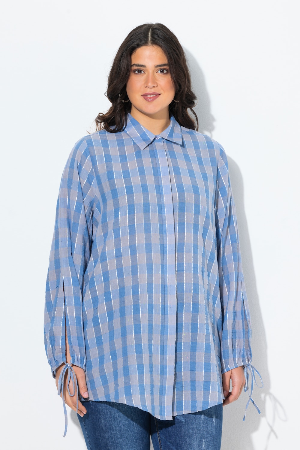 Große Größen Karobluse, Damen, blau, Größe: 42/44, Baumwolle, Ulla Popken