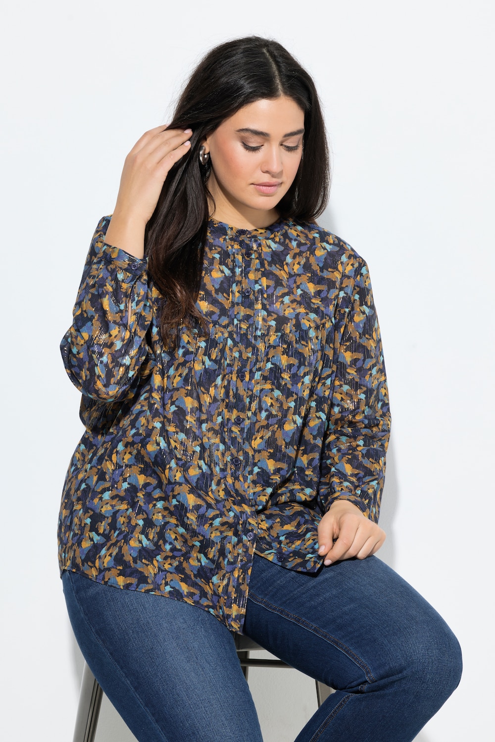 Bluse, Metallic-Linien, A-Linie, Rundhals, Langarm