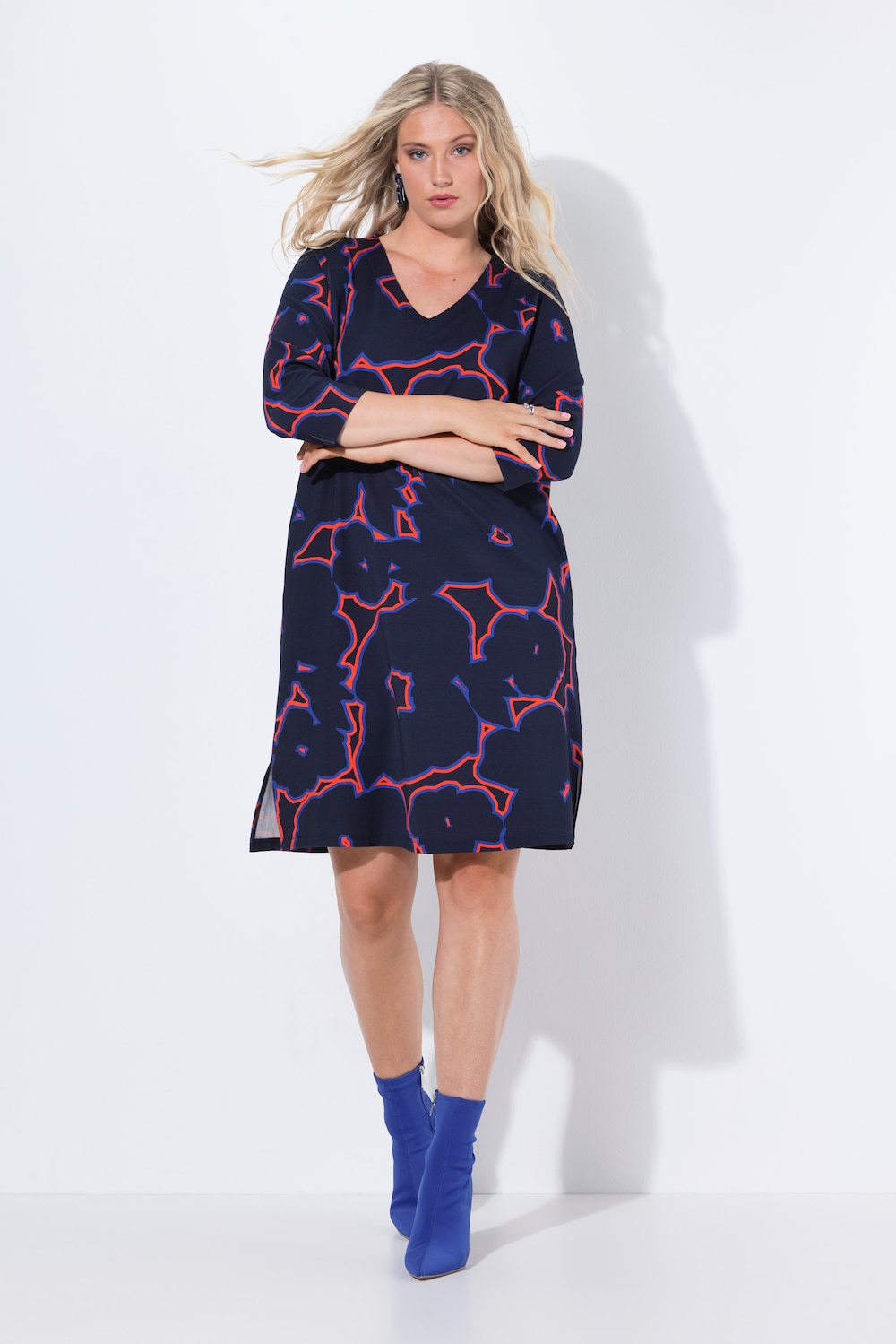 Punto-Kleid, Blüten, V-Ausschnitt, 3/4-Arm, Taschen