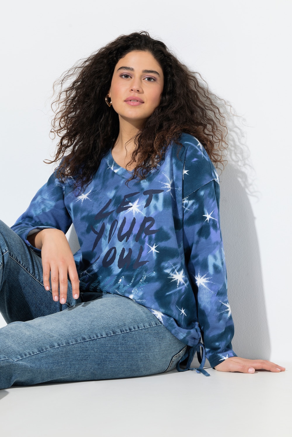 Sweatshirt, skrift, perler, V-hals, langermet