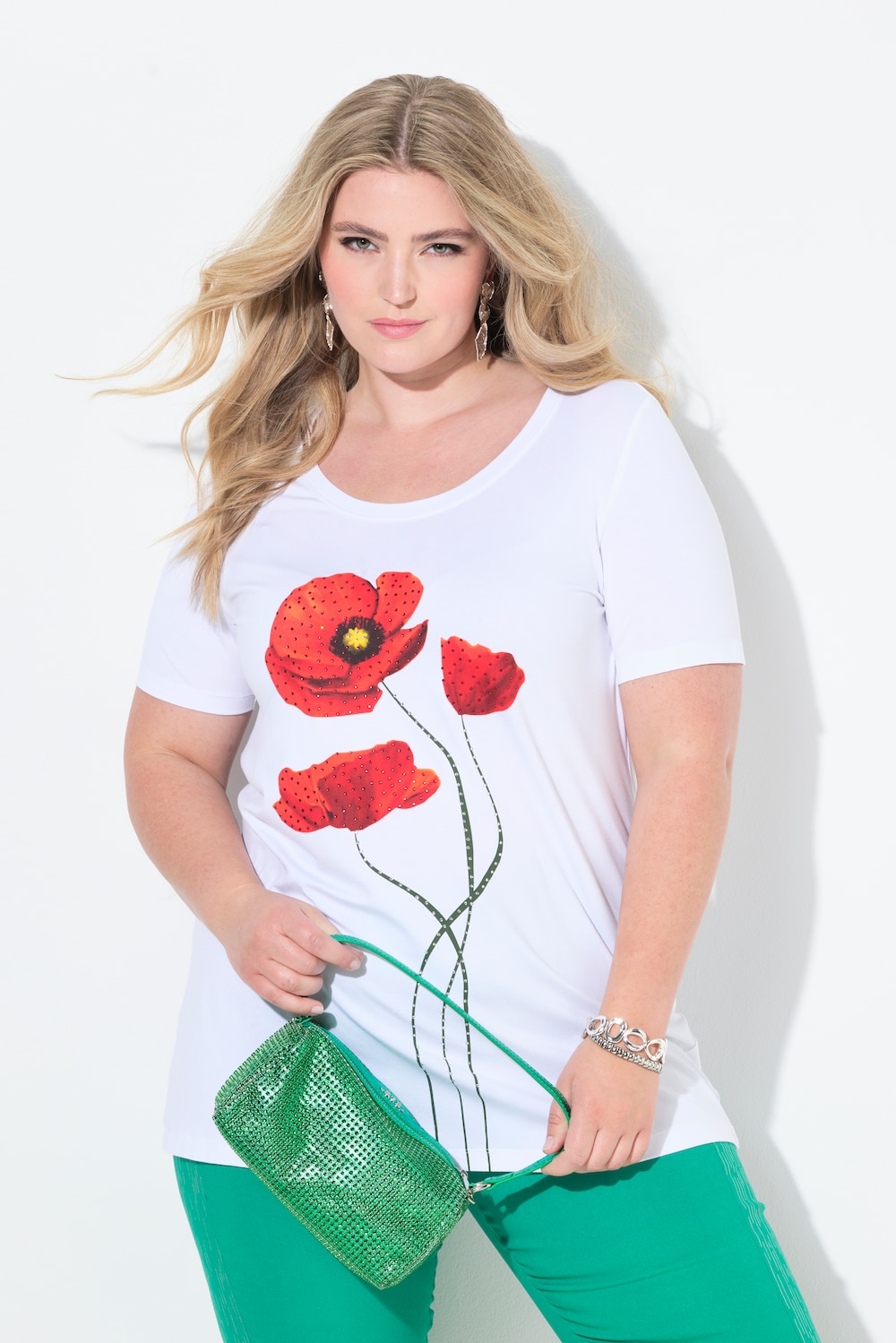 T-Shirt, A-Linie, Glitzersteinchen, Blüten-Motiv