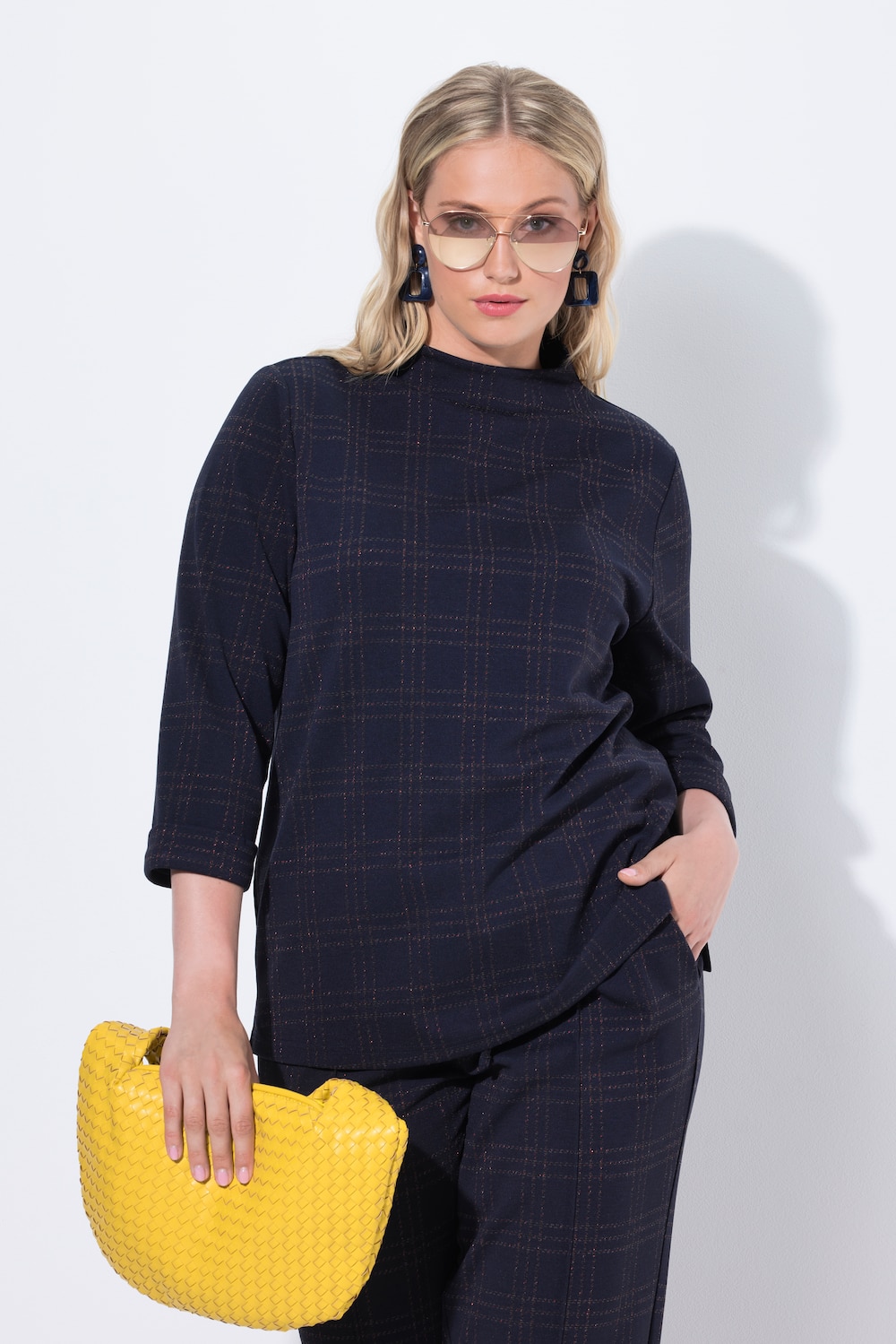 Punto-Sweatshirt, Karo, Glitter, Stehkragen, 3/4-Arm