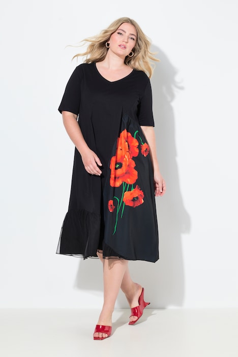 Kleid, A-Linie, Blütenmotiv, Mesheinsatz