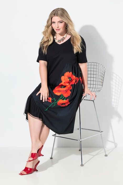 Kleid, A-Linie, Blütenmotiv, Mesheinsatz