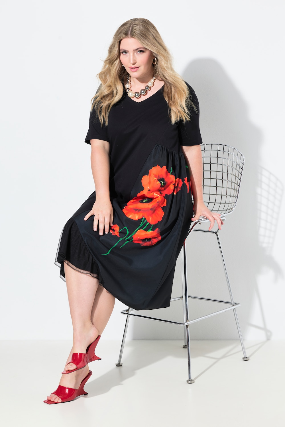 Kleid, A-Linie, Blütenmotiv, Mesheinsatz