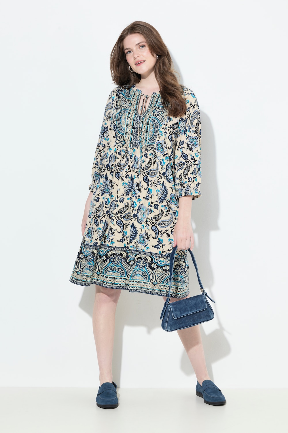 Kleid, Boho-Druck, A-Linie, Rundhals, 3/4-Arm