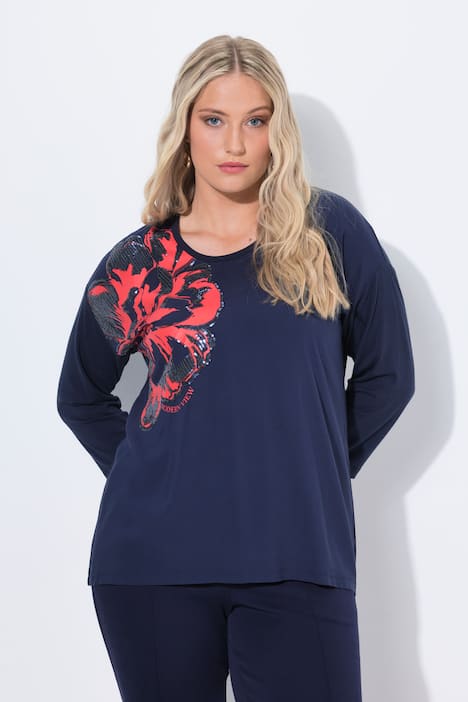 Shirt, Blüten-Applikation, Oversized, Rundhals, 3/4-Arm