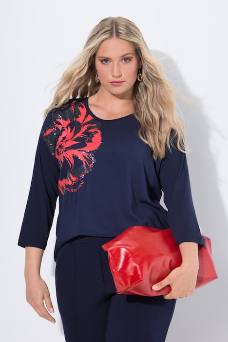 Shirt, Blüten-Applikation, Oversized, Rundhals, 3/4-Arm
