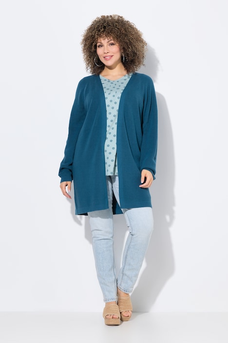 Long-Strickjacke, Rippstrick, offene Form, V-Ausschnitt