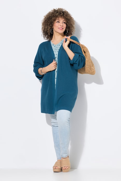 Long-Strickjacke, Rippstrick, offene Form, V-Ausschnitt