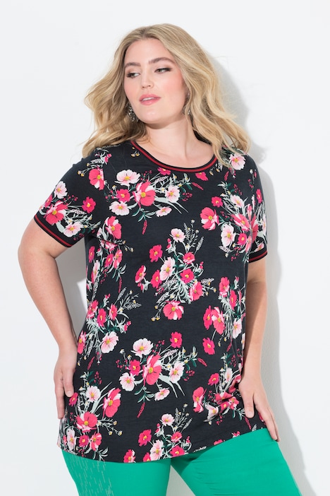T-Shirt, Blumenmuster, Streifenbündchen, Halbarm