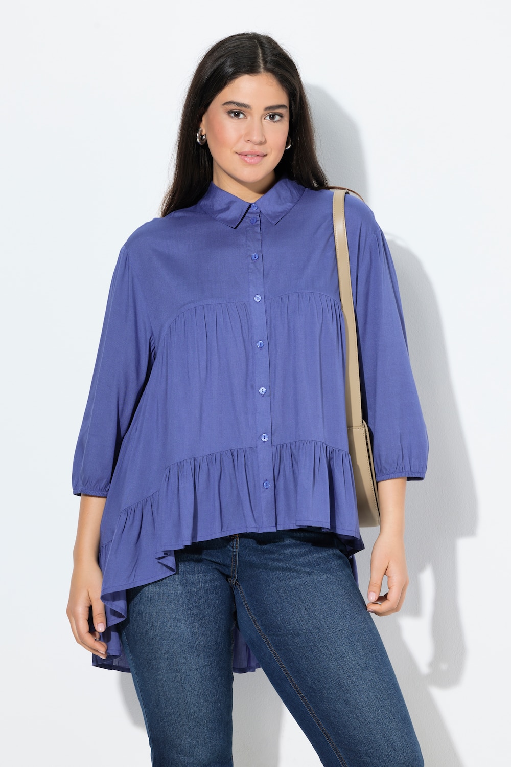 Bluse, Volantsaum, A-Linie, Hemdkragen, 3/4-Arm