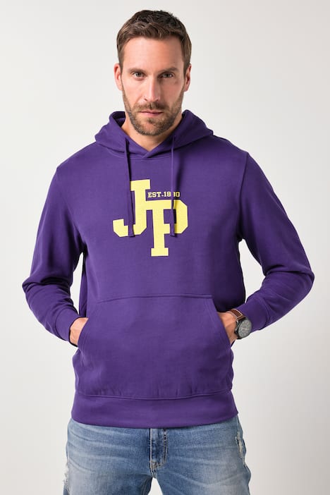 JP1880-huppari, collegehuppari, painatus rinnassa, kengurutasku, suurin koko 8XL