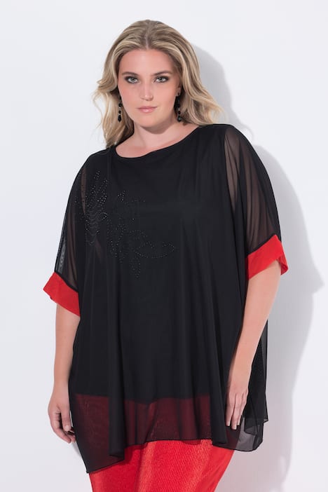 Mesh-Bluse, oversized, Ziersteinchen, blickdichtes Jerseytop