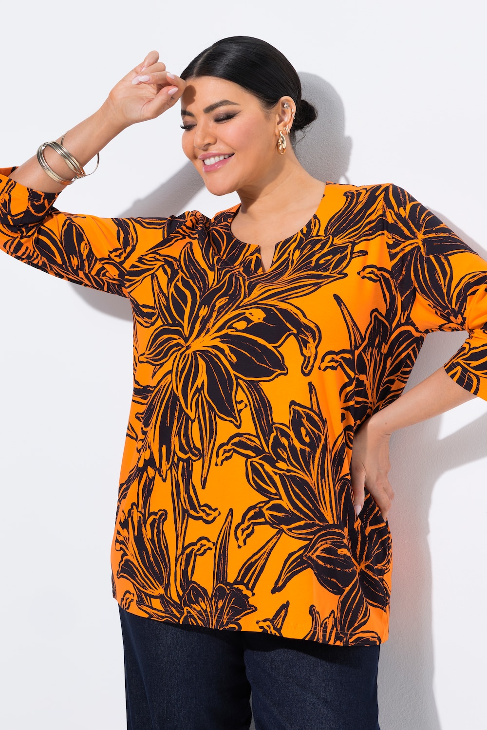 Shirt, bladeren, A-lijn, tuniekhals, 3/4-mouw