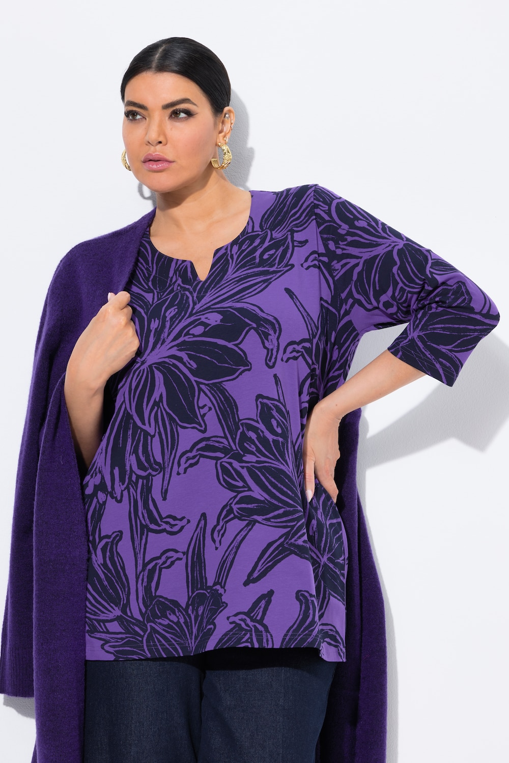 Shirt, Blätter, A-Linie, Tunika-Ausschnitt, 3/4-Arm