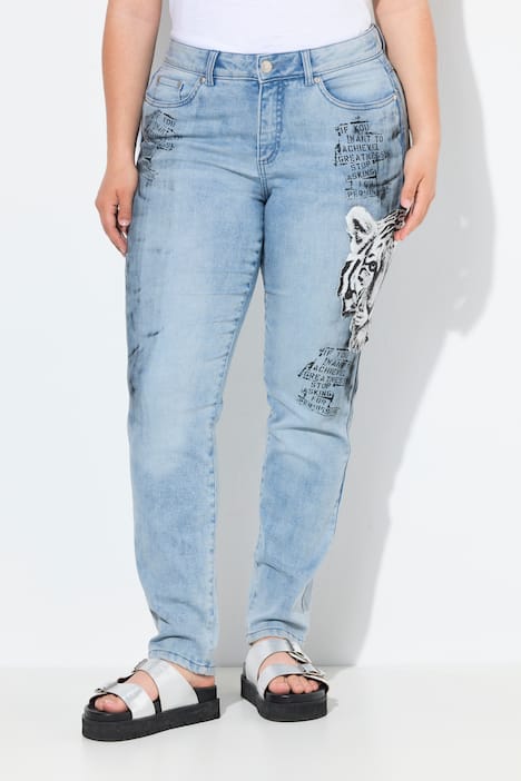 Slim jeans Emma, stretch denim, luipaard-applicatie, 5-pocket