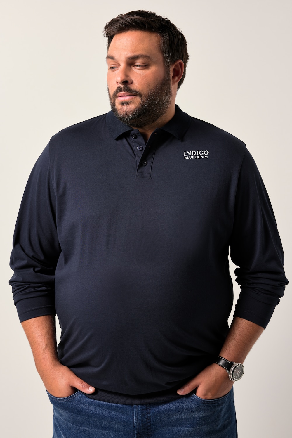 Men+ poloshirt met lange mouw, buik-fit, borduursel op de borst, tot 8XL