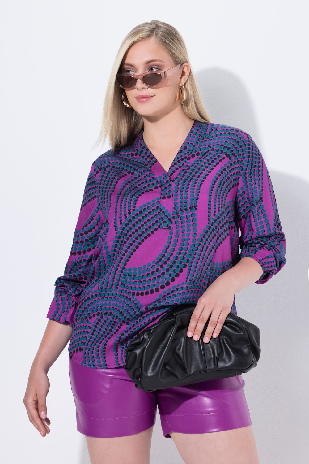 Blouse, stippen, gobletkraag, V-hals, lange mouwen
