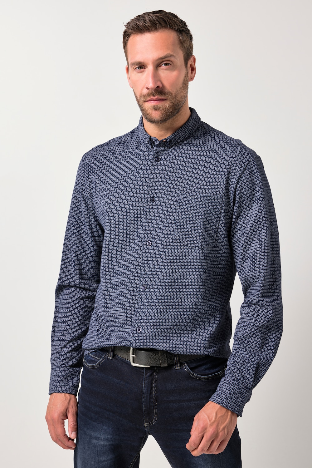 JP1880 piqué-skjorte, langærmet, all-over print, button-down minikrave, moderne pasform, op til str. 8XL