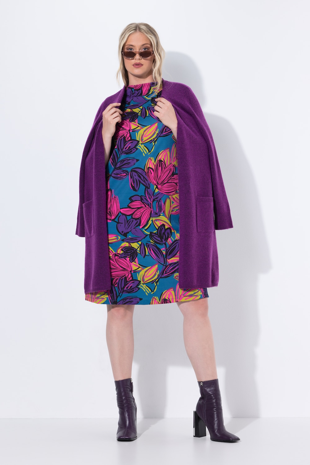 Punto-Kleid, Blüten, Stehkragen, 3/4-Arm, Taschen
