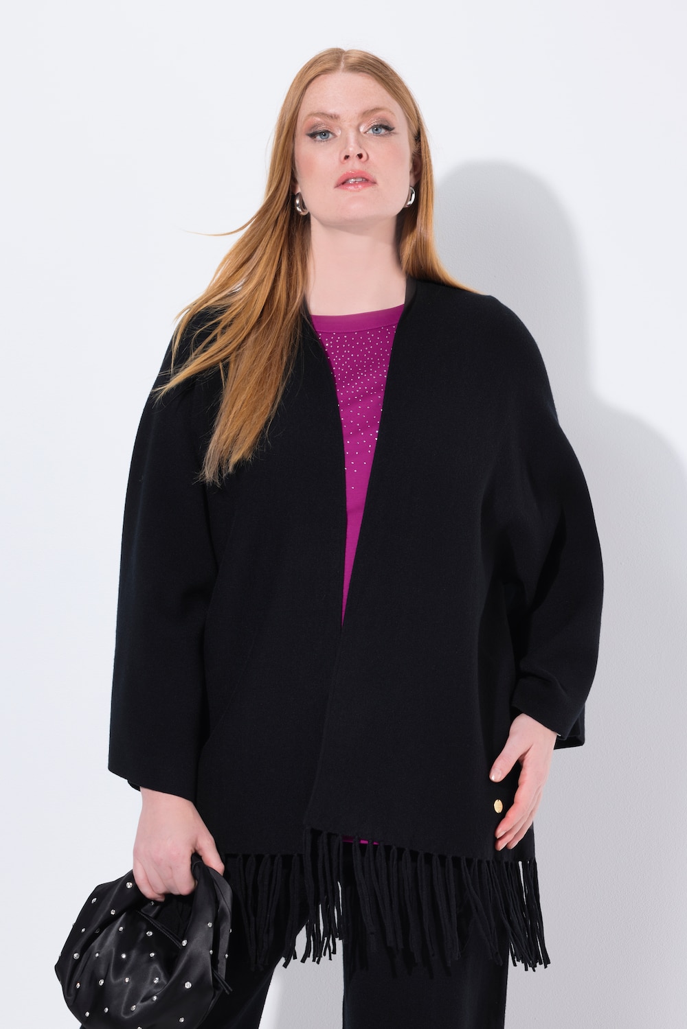 Strikcardigan, frynsekant, uden lukning, lang ærmer