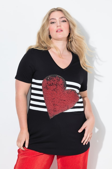 T-shirt, A-lijn, glittersteentjes hart, strepen