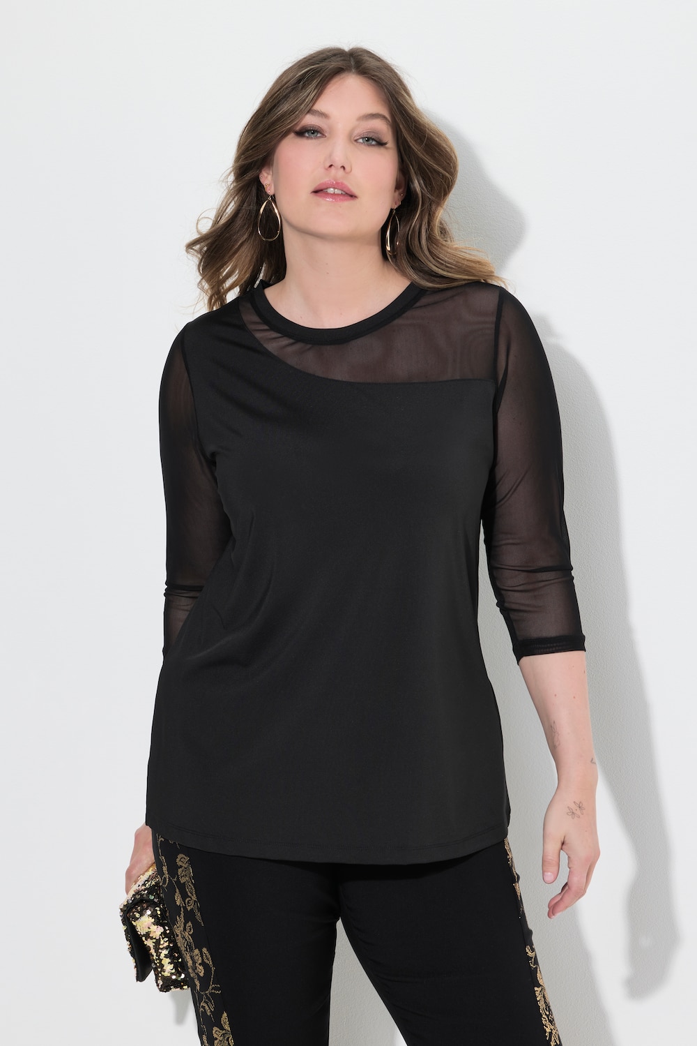 T-shirt, jersey en mesh, 3/4-mouwen van mesh