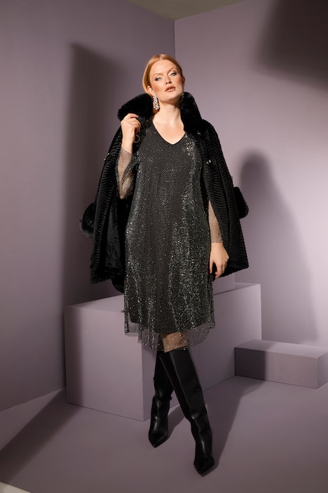 Midikleid, Pailletten, A-Linie, V-Ausschnitt, Langarm