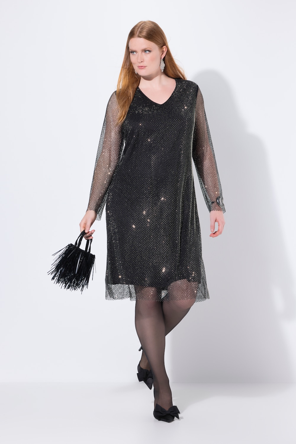Midikleid, Pailletten, A-Linie, V-Ausschnitt, Langarm