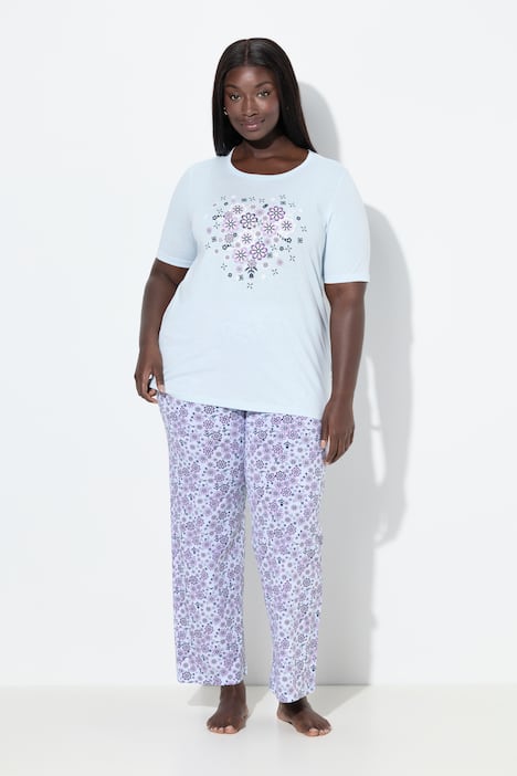 Pyjama, Blüten, Rundhalsausschnitt, Halbarm