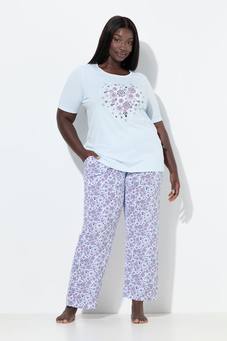 Pyjama, Blüten, Rundhalsausschnitt, Halbarm