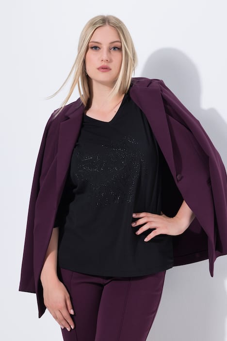 T-shirt Classic à manches 3/4, avec col V et strass
