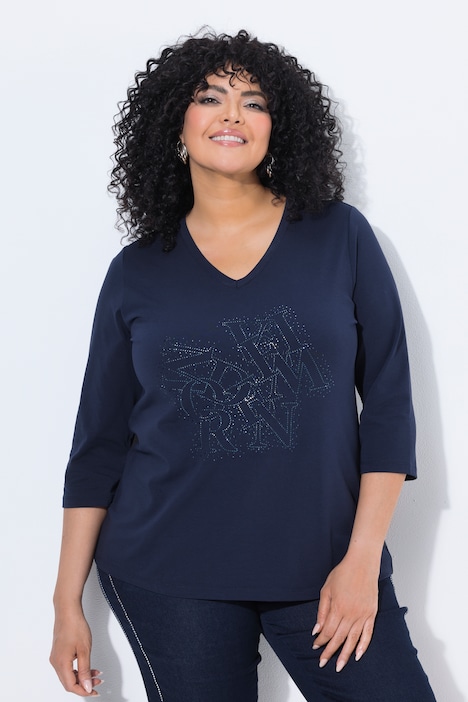 Shirt, Ziersteine, Classic, V-Ausschnitt, 3/4-Arm