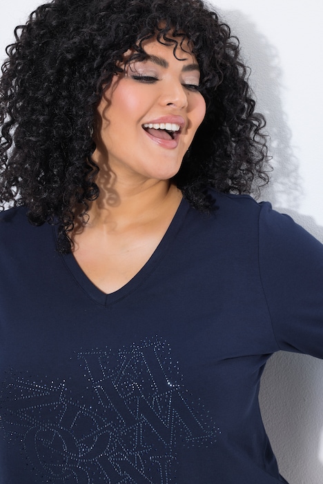 Shirt, Ziersteine, Classic, V-Ausschnitt, 3/4-Arm