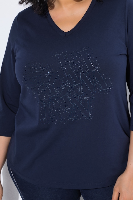 Shirt, Ziersteine, Classic, V-Ausschnitt, 3/4-Arm