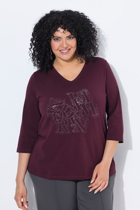 Shirt, Ziersteine, Classic, V-Ausschnitt, 3/4-Arm