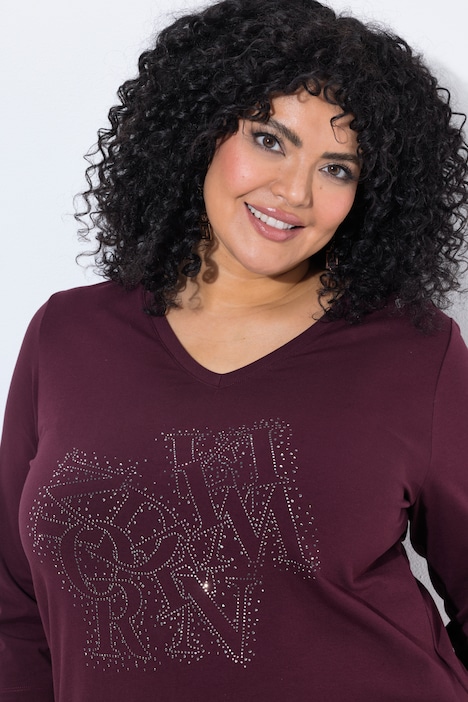 Shirt, Ziersteine, Classic, V-Ausschnitt, 3/4-Arm
