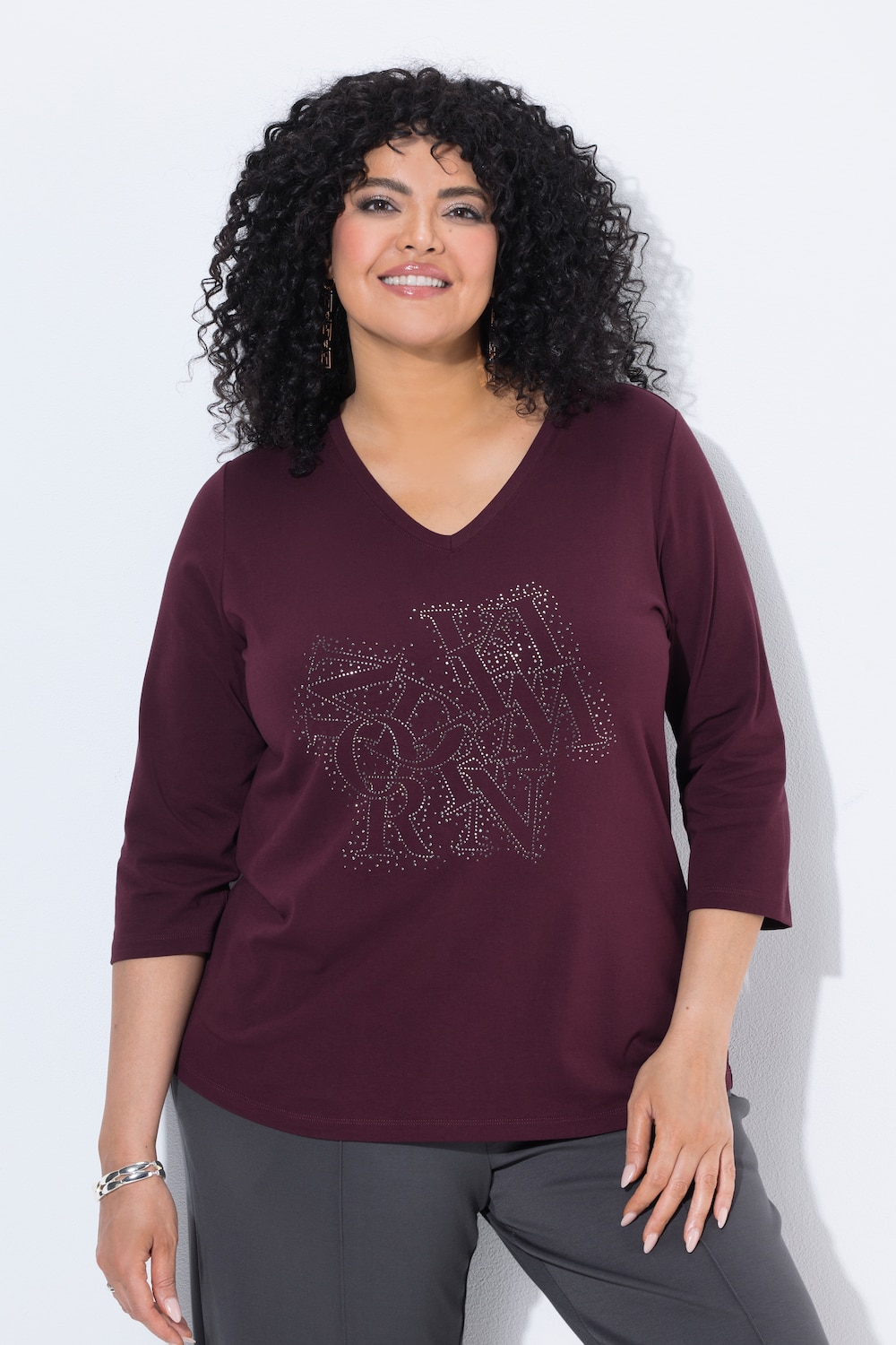 Shirt, Ziersteine, Classic, V-Ausschnitt, 3/4-Arm
