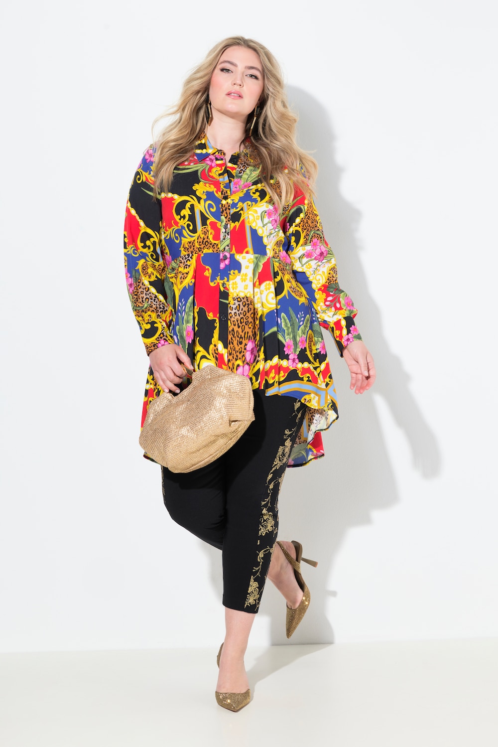 Bluse, A-Linie, Alloverdruck, Zierfalten