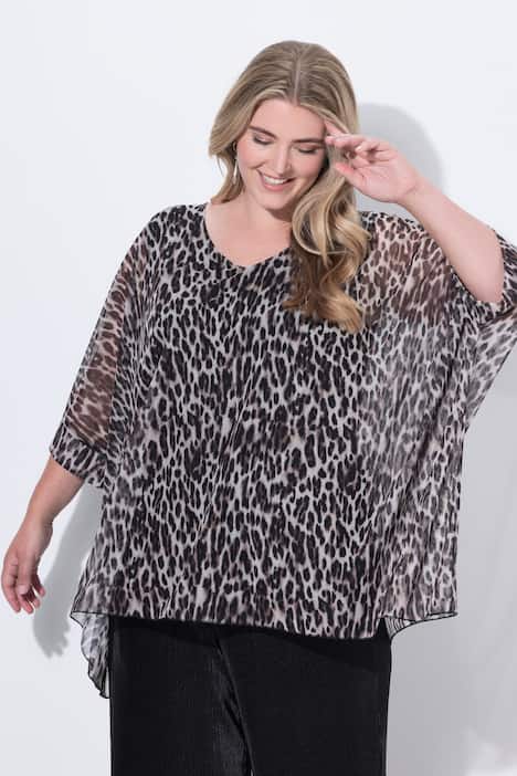 Mesh blouse, oversized, luipaardprint, ondoorzichtige jersey top
