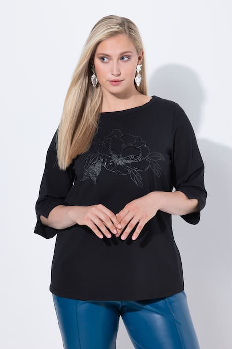 Maglia con fiori, scollo a barca e maniche lunghe
