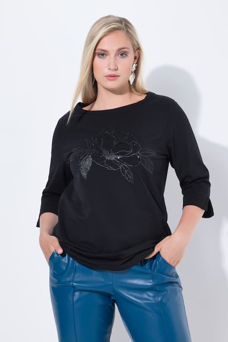 Maglia con fiori, scollo a barca e maniche lunghe