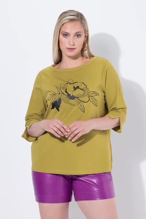 Maglia con fiori, scollo a barca e maniche lunghe