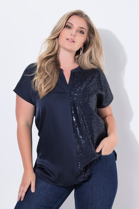 Blusenshirt, vorne halb mit Pailletten, Jerseyrücken