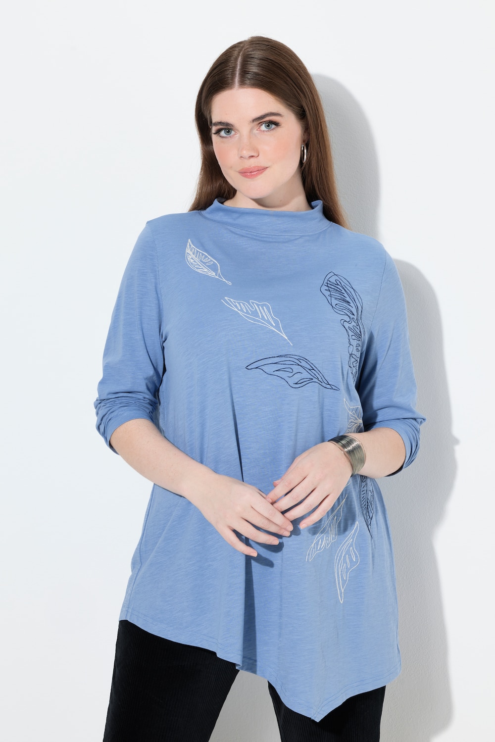 Longshirt, Stickerei, Stehkragen, Langarm, Biobaumwolle