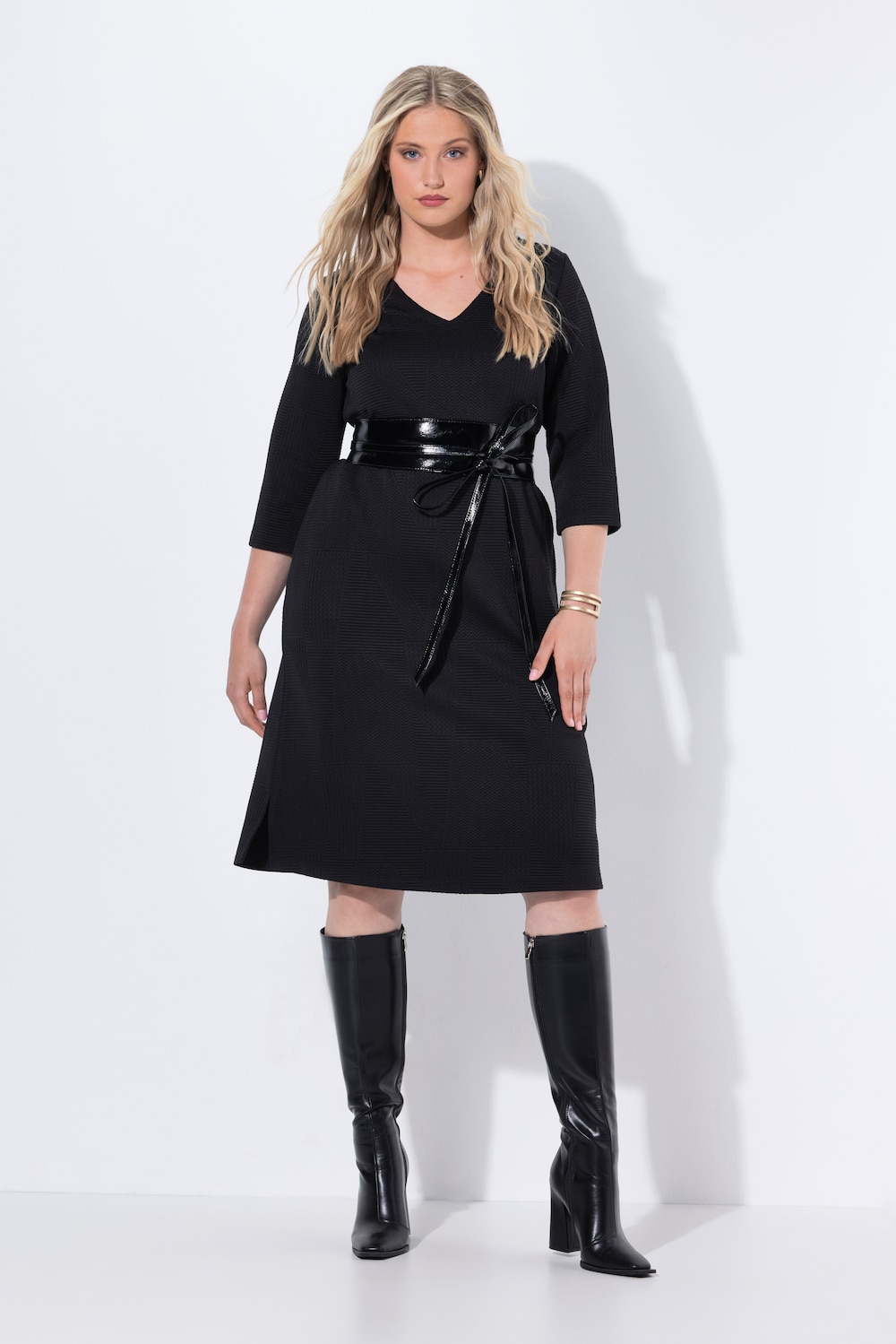 Sweat-Midikleid, A-Linie, V-Ausschnitt, 3/4-Arm