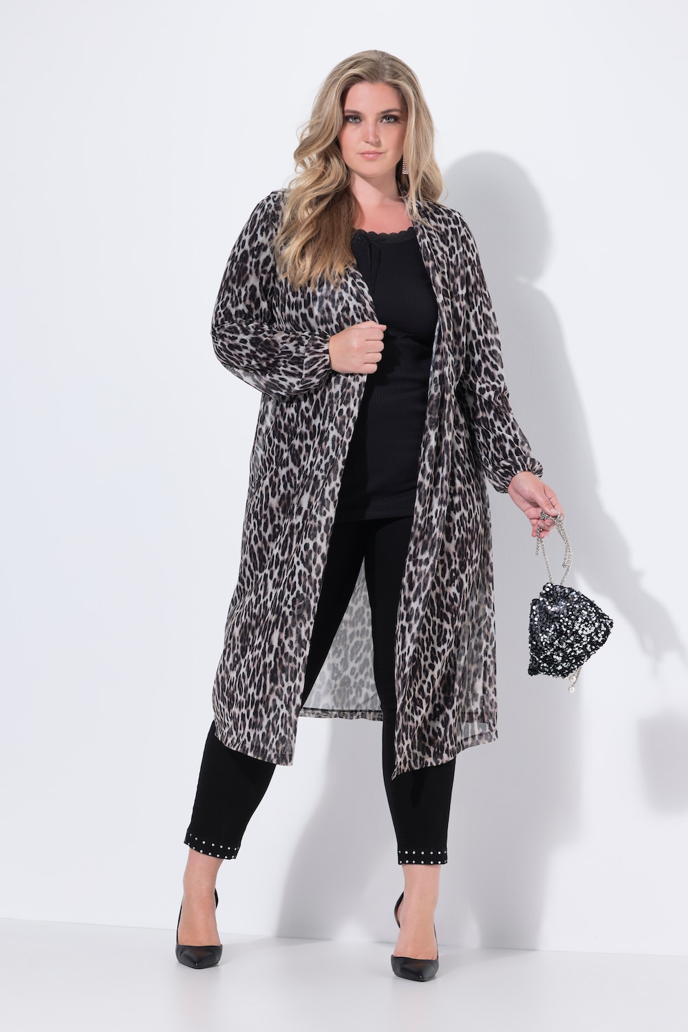 Mesh-Longjacke, transparent, Leomuster, offene Form